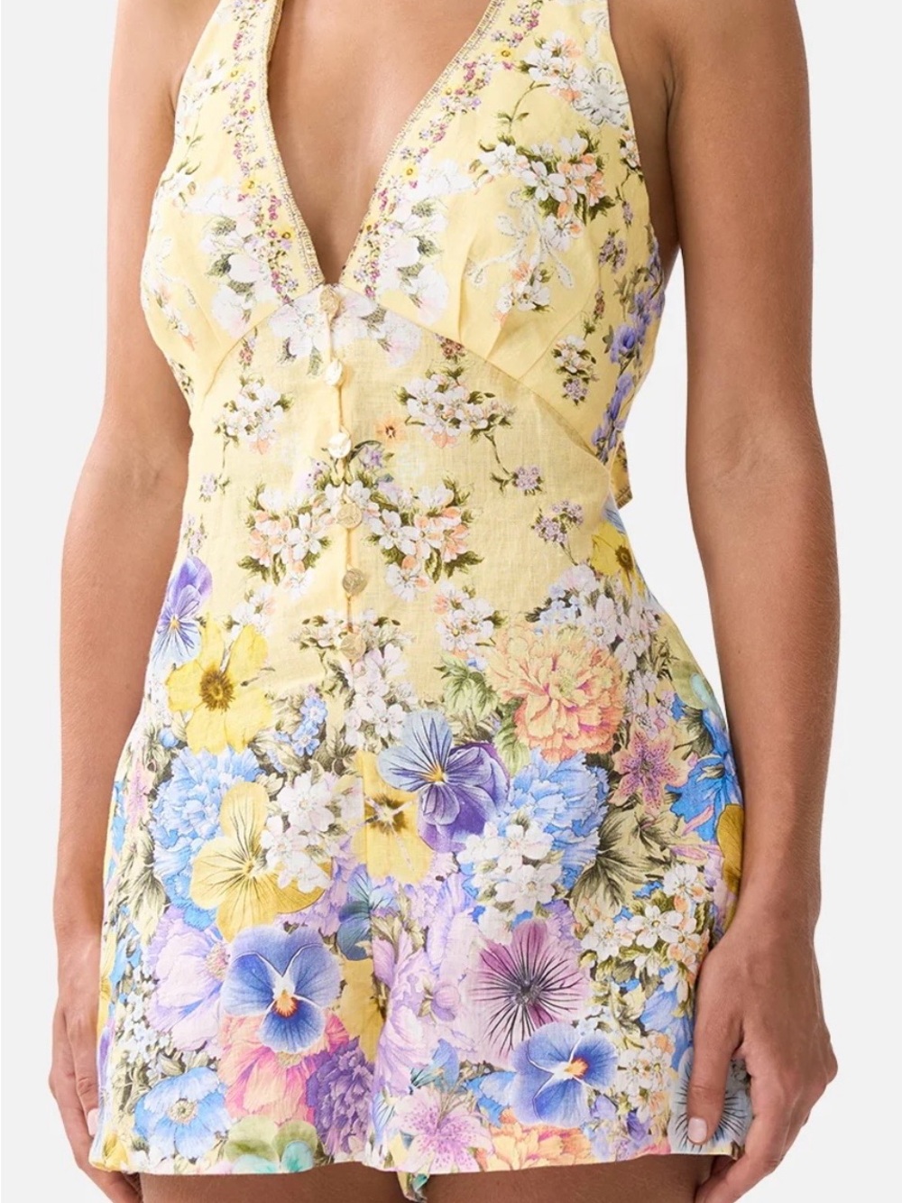 Camilla Designer Darling Buds Halter Romper Yellow and Floral 100% Linen Size XS - Picture 3 of 10